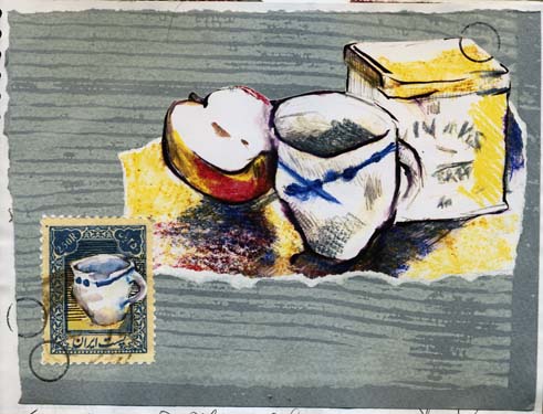 cup stamp with apple and tea